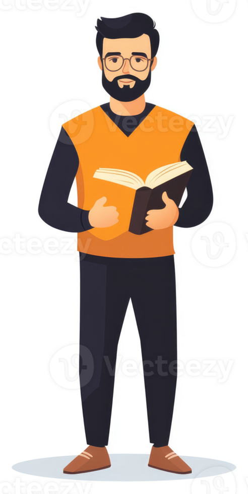 A man in an orange vest holding an open book. png