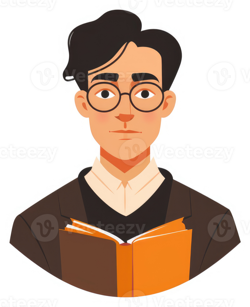 A young man with glasses, engrossed in reading a book. png