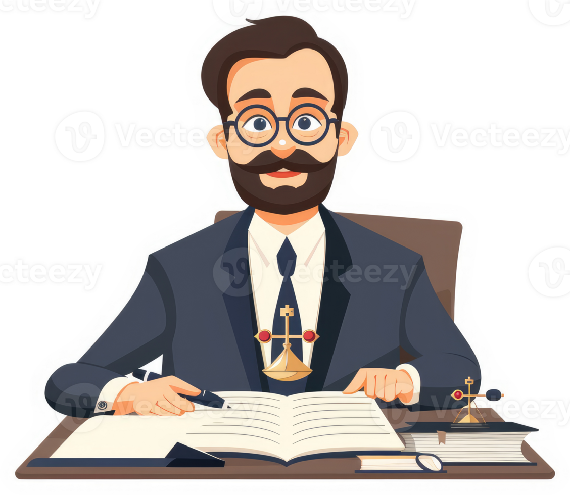 A bearded man in formal attire, writing in a book, suggestive of a legal professional. png
