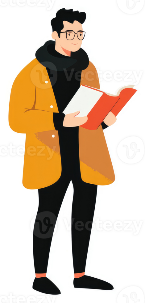 A man in a mustard yellow coat reading a book. png