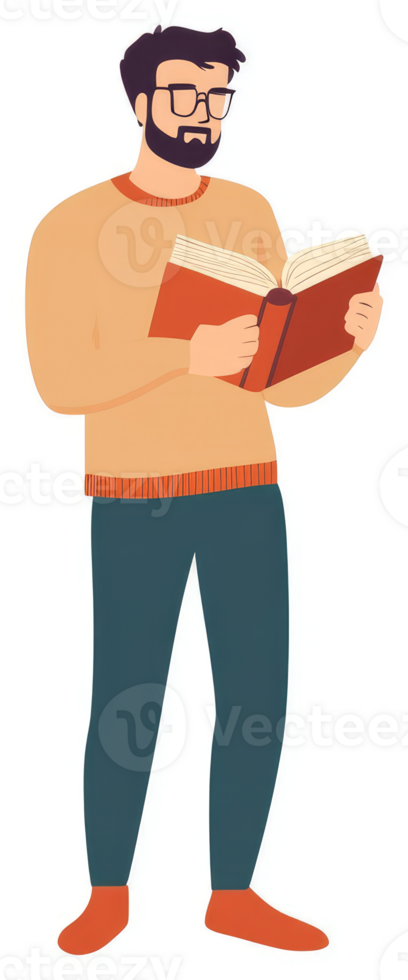 A man in a sweater and pants, engrossed in reading an open book. png