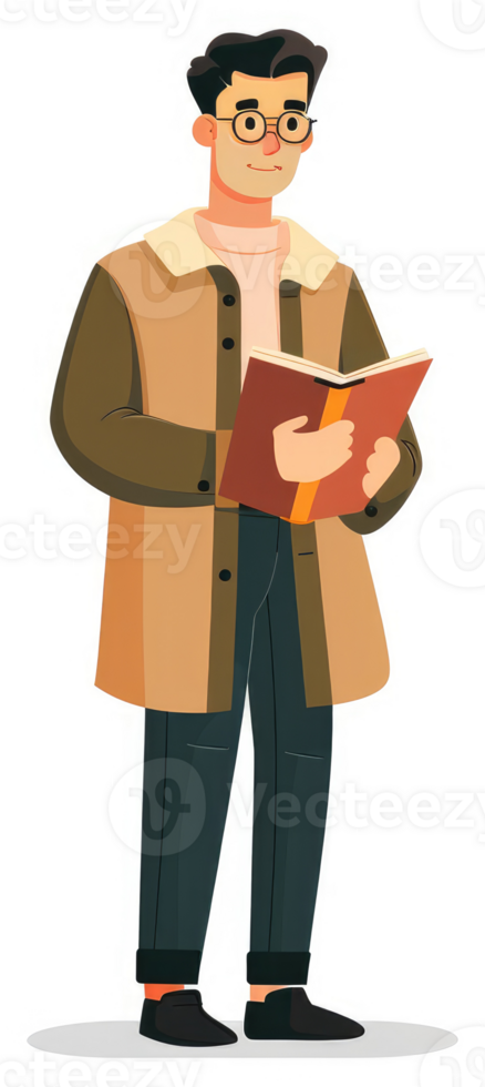 A man in a beige coat holding a book, studying. png