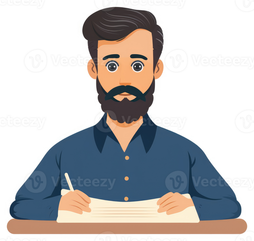 A man with a beard writing on a document. png