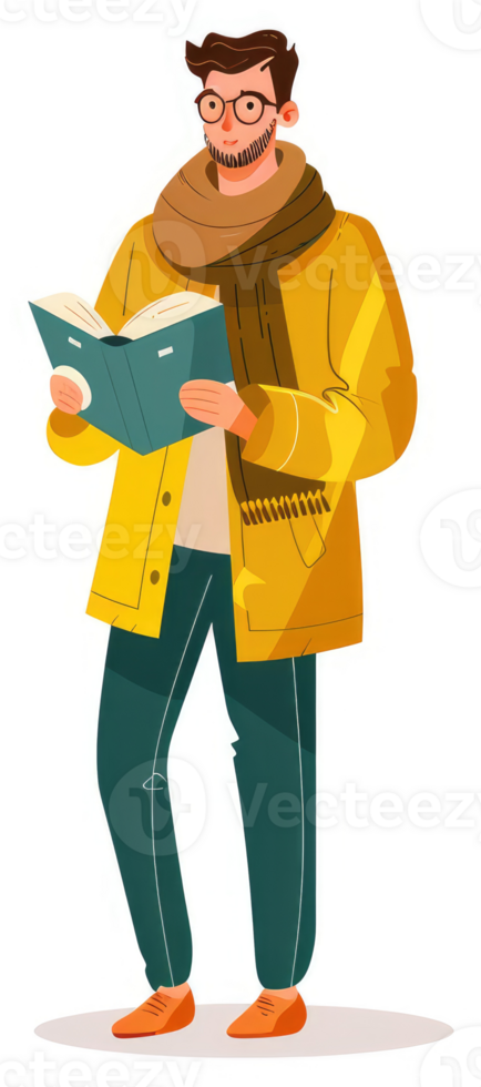 A man in a yellow coat and brown scarf, reading a book. png