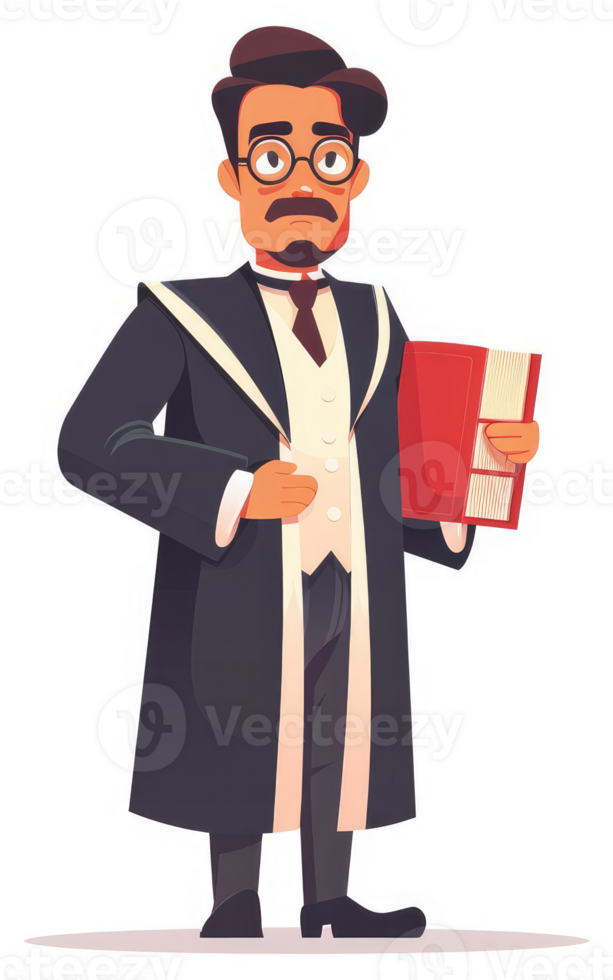 A distinguished jurist in formal academic attire, holding a book. png
