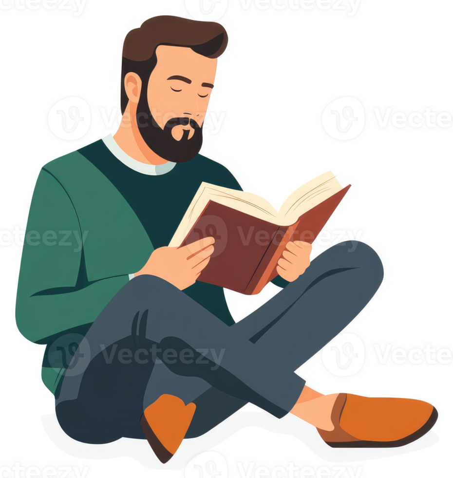 A man engrossed in reading a book, seated comfortably. png