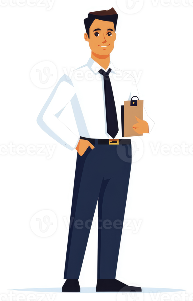 A smiling businessman in a crisp white shirt and dark suit, holding a clipboard. png