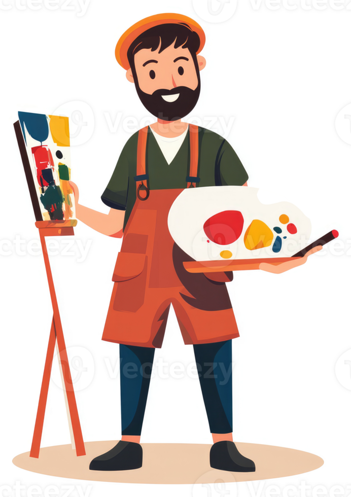 A happy artist displaying a colorful painting and palette. png