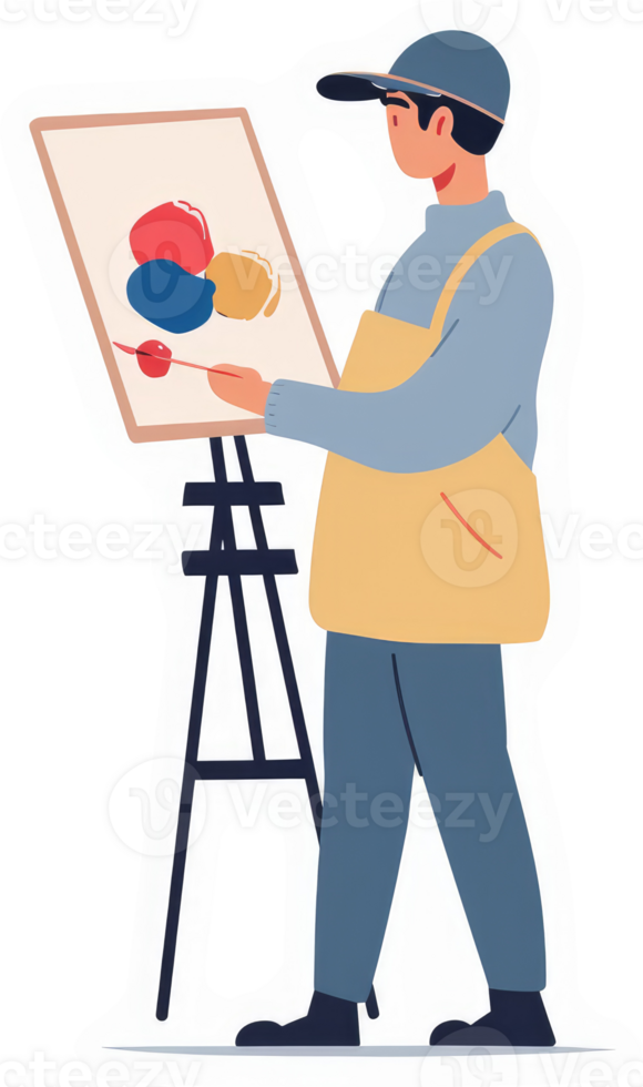 A young artist meticulously paints a vibrant abstract piece on an easel. png