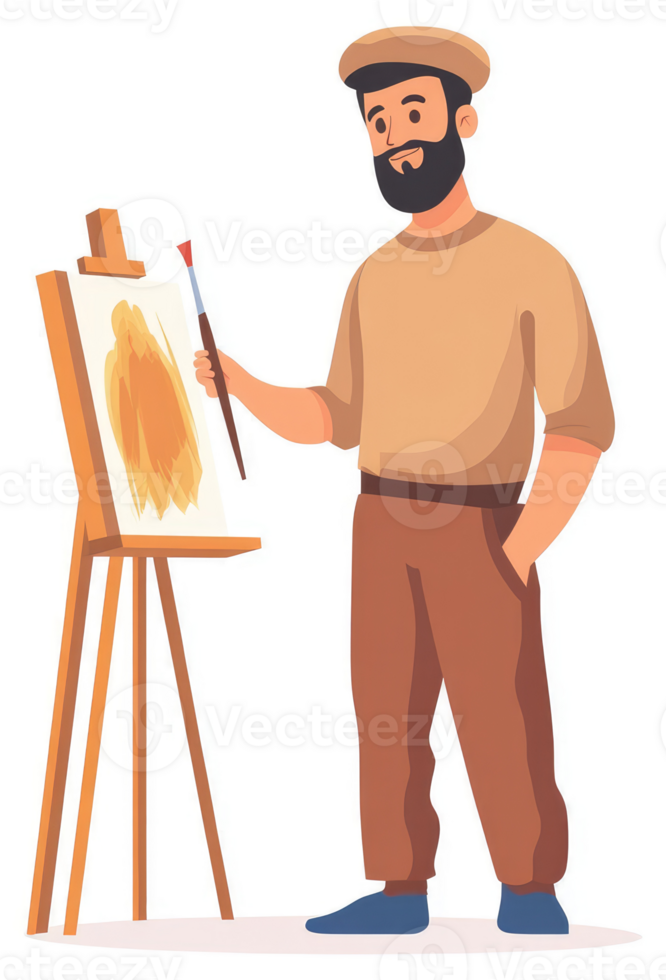 A man with a beard painting on an easel. png