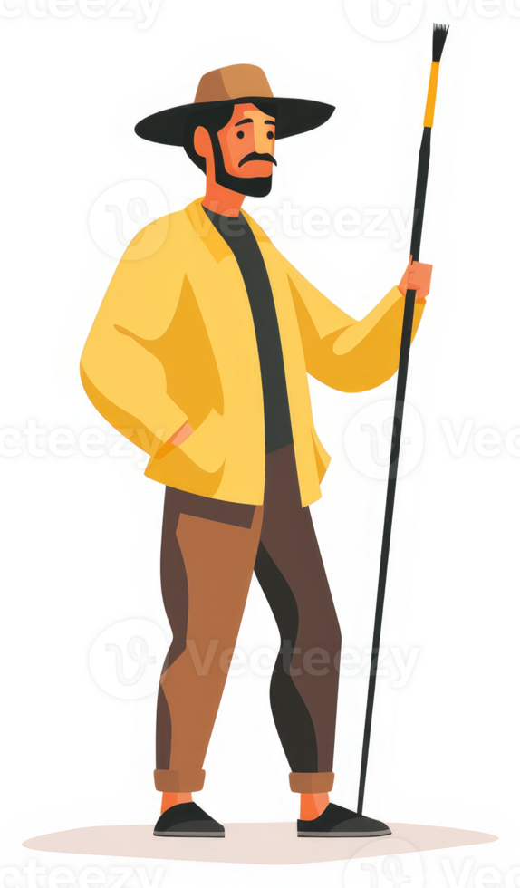 A man in a yellow jacket holding a walking stick. png