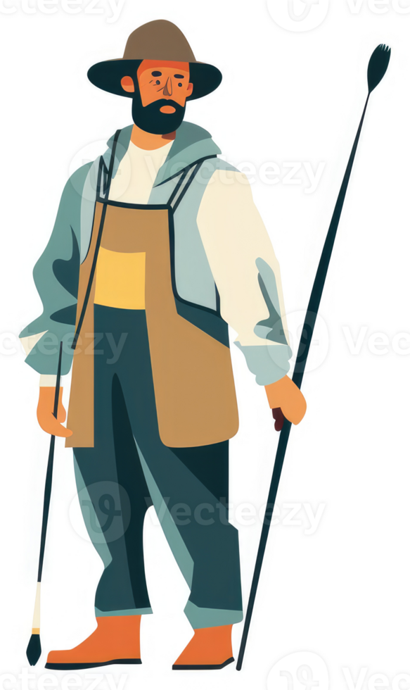 A man in a hat and apron, holding walking sticks. png
