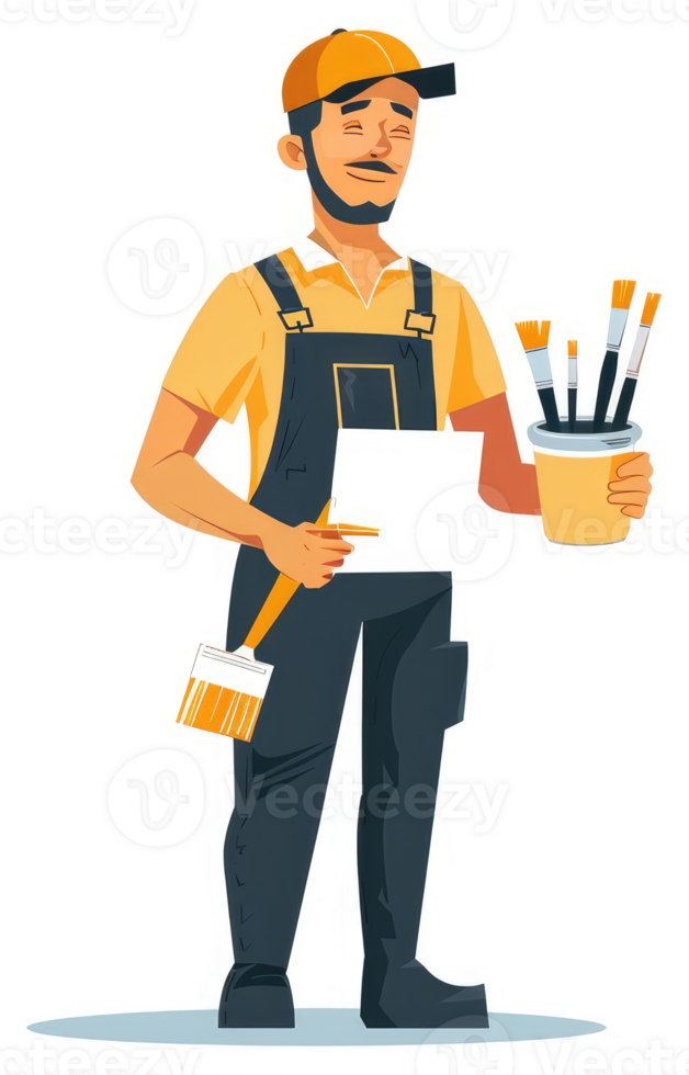 A painter in work clothes holding paintbrushes and a blank document. png