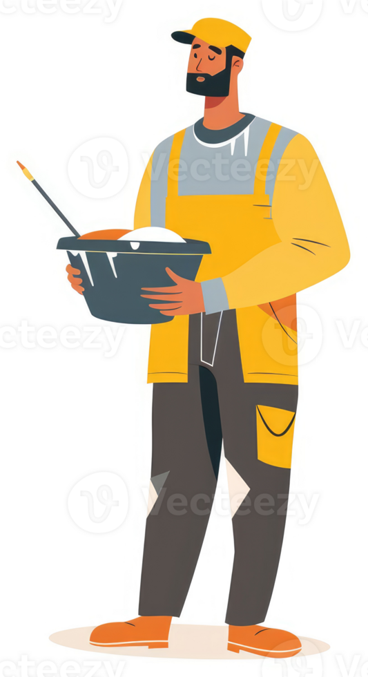 A worker in vibrant yellow uniform holds a container of materials. png