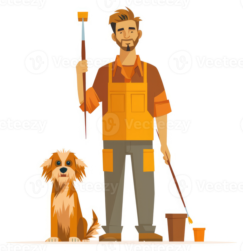 A painter and their companion dog, ready for an artistic day. png