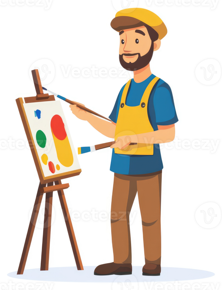 A man with a beard, wearing a yellow apron, paints on a canvas. png