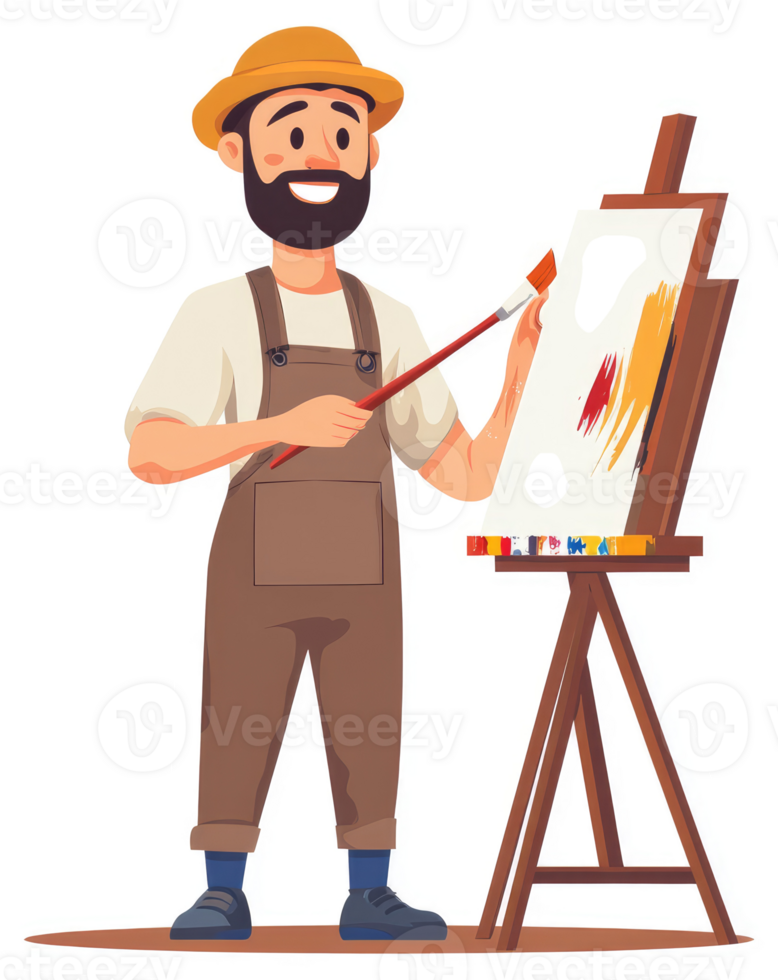 A cheerful artist in overalls paints a canvas on an easel. png