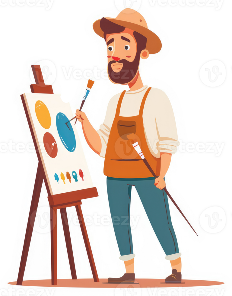 A bearded artist with a paint palette and brush, meticulously mixing colors on an easel. png