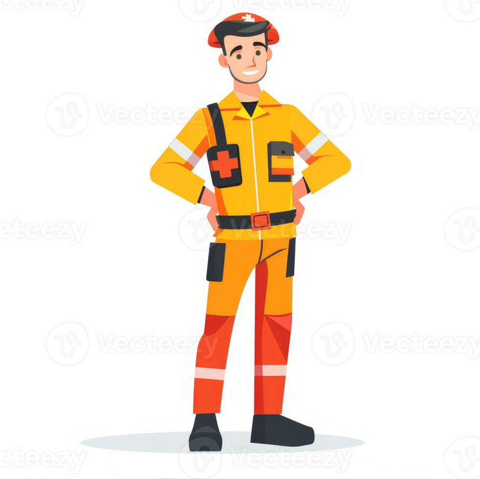 A smiling first responder in protective orange uniform. png