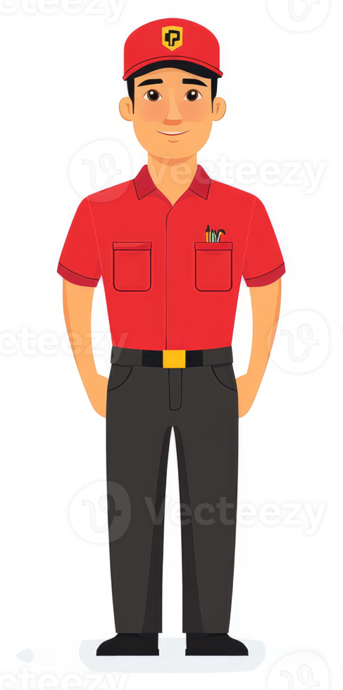 A friendly worker in a red uniform with pockets. png