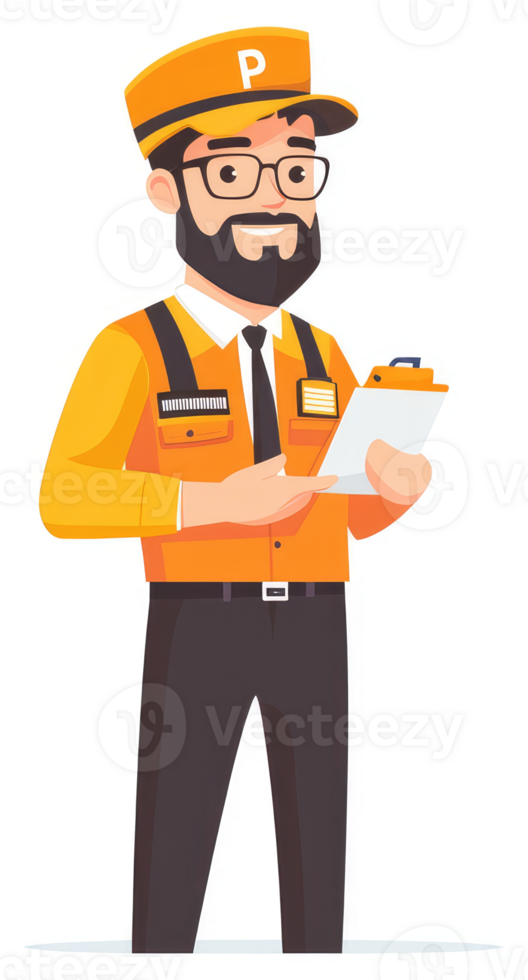 A smiling parking attendant in an orange uniform holding a clipboard. png