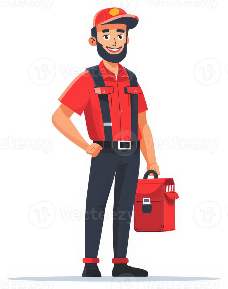 A cheerful handyman with a red uniform and tools. png