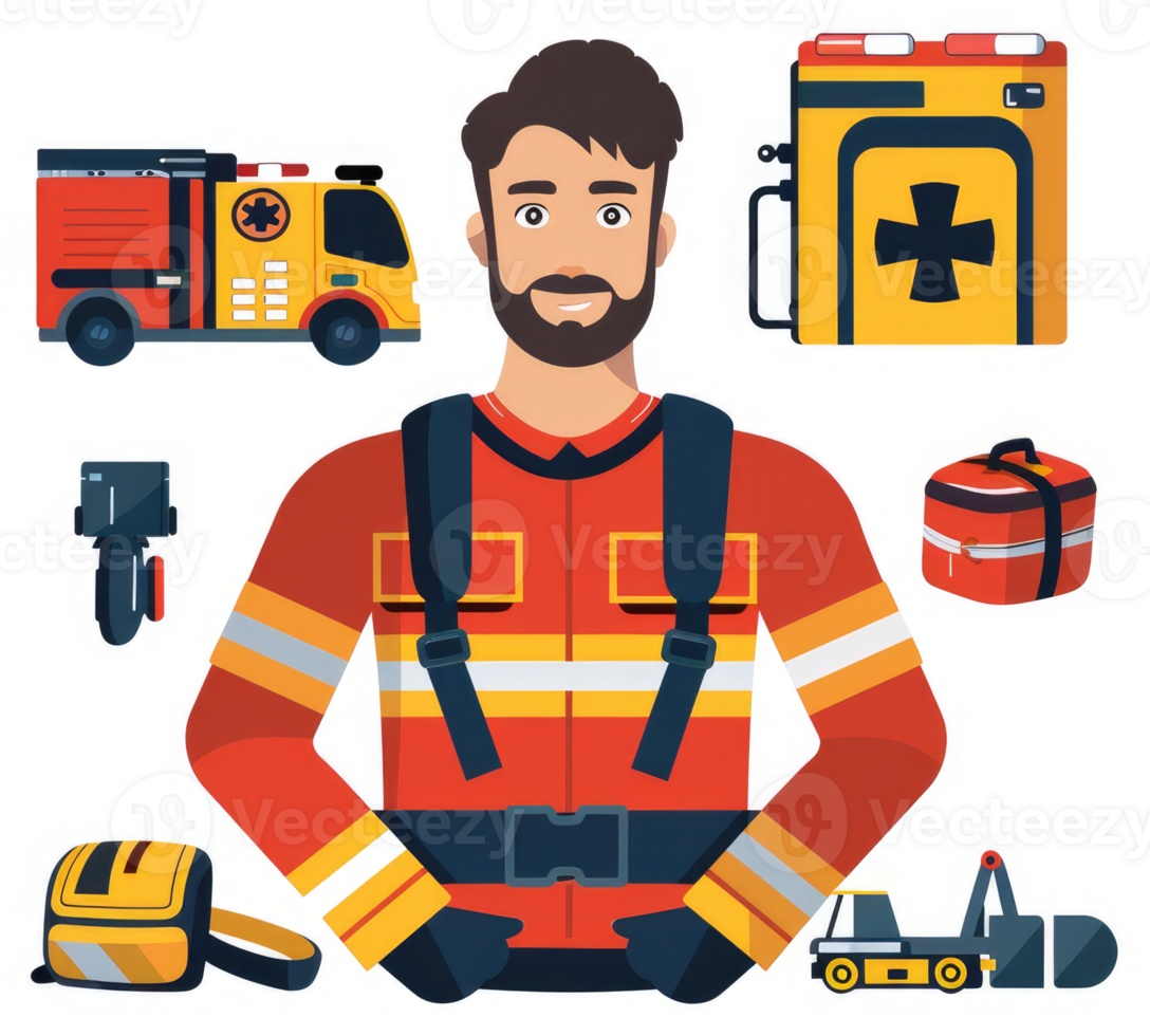 A first responder equipped with emergency gear and rescue vehicles. png