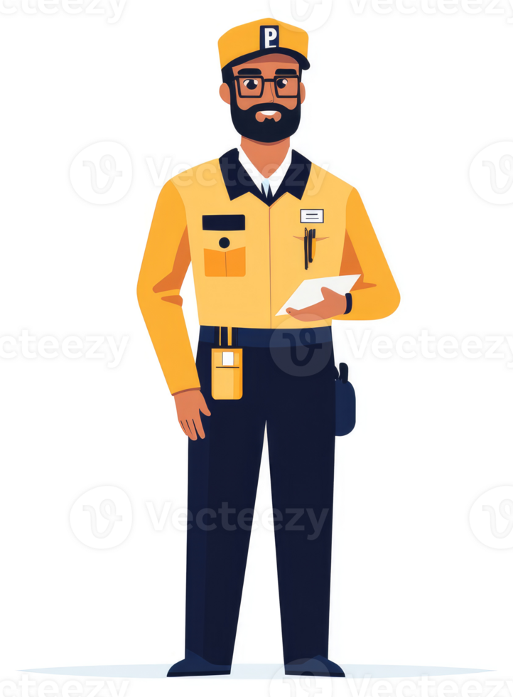 A parking attendant in a yellow uniform, holding paperwork. png
