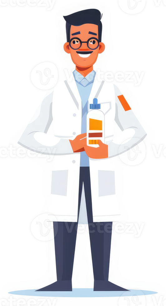 A friendly scientist in a white lab coat holds a bottle of liquid. png