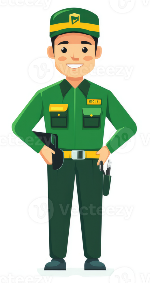 A friendly security guard in a green uniform, ready for duty. png