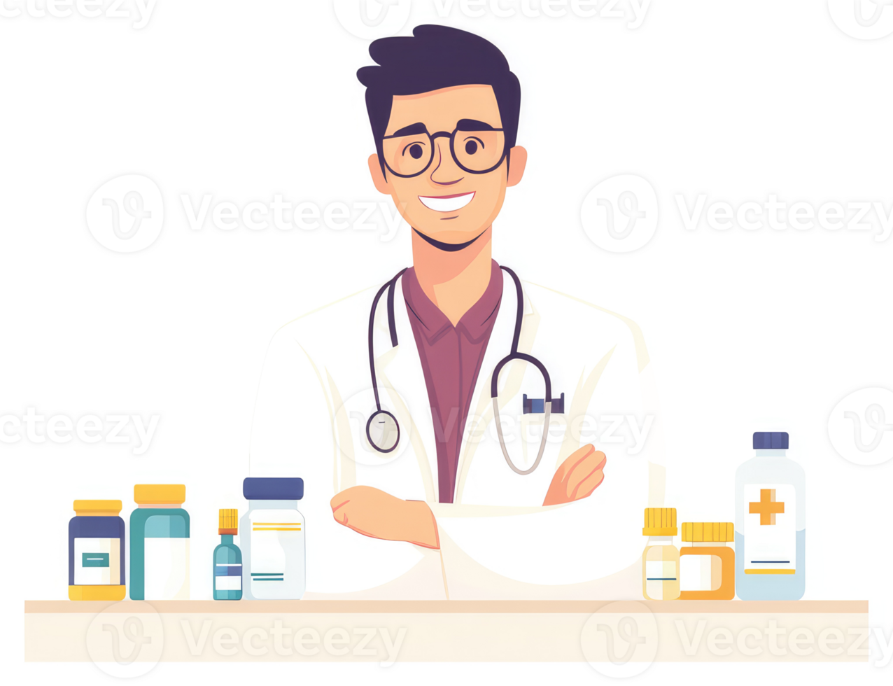 A friendly doctor stands behind a table full of various medical supplies. png