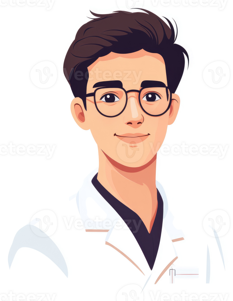A friendly-looking young man in a white lab coat and glasses. png