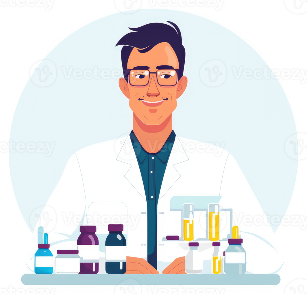 A friendly pharmacist stands behind a counter filled with various medications and medical supplies. png