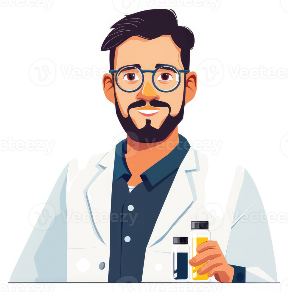 A friendly scientist in a white lab coat holding test tubes. png