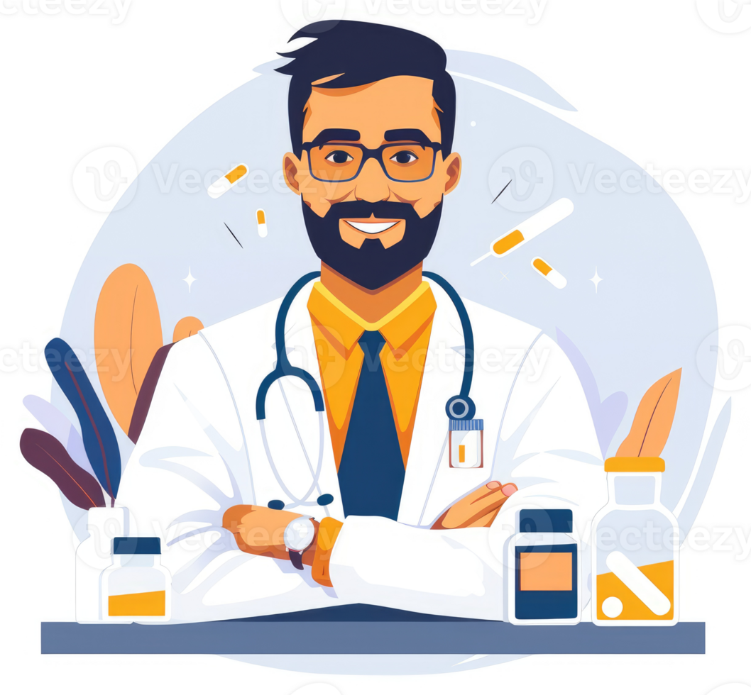 A confident male doctor in a white coat, ready to provide medical care. png