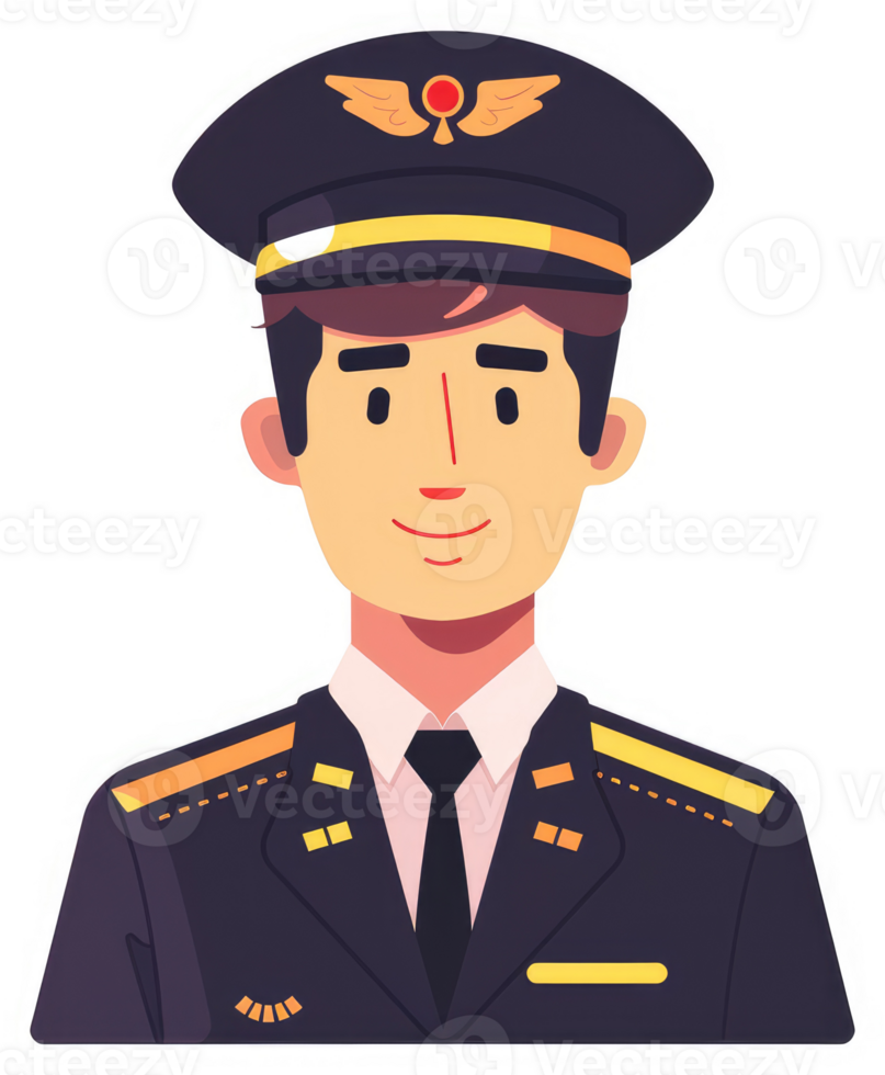 A friendly-faced pilot in a navy uniform. png