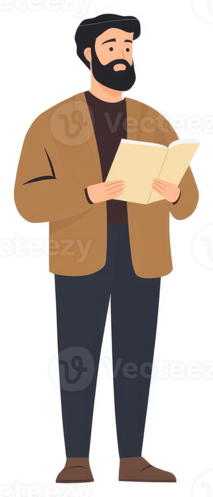 A man in a tan jacket reading a book. png