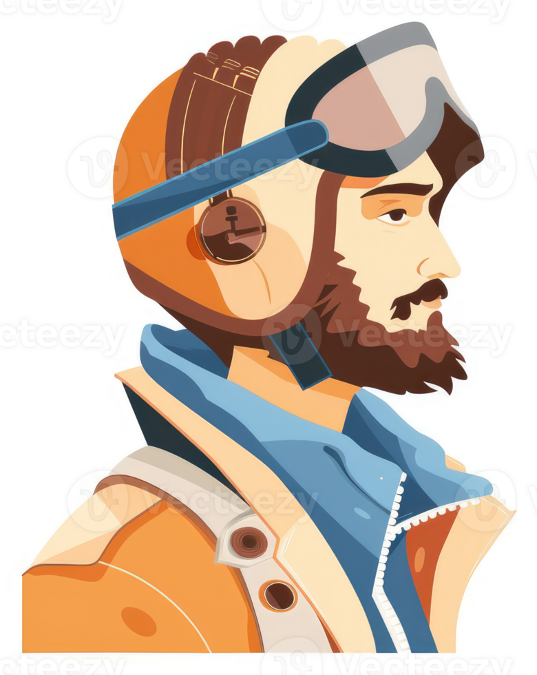 A profile view of a man in vintage aviator attire. png