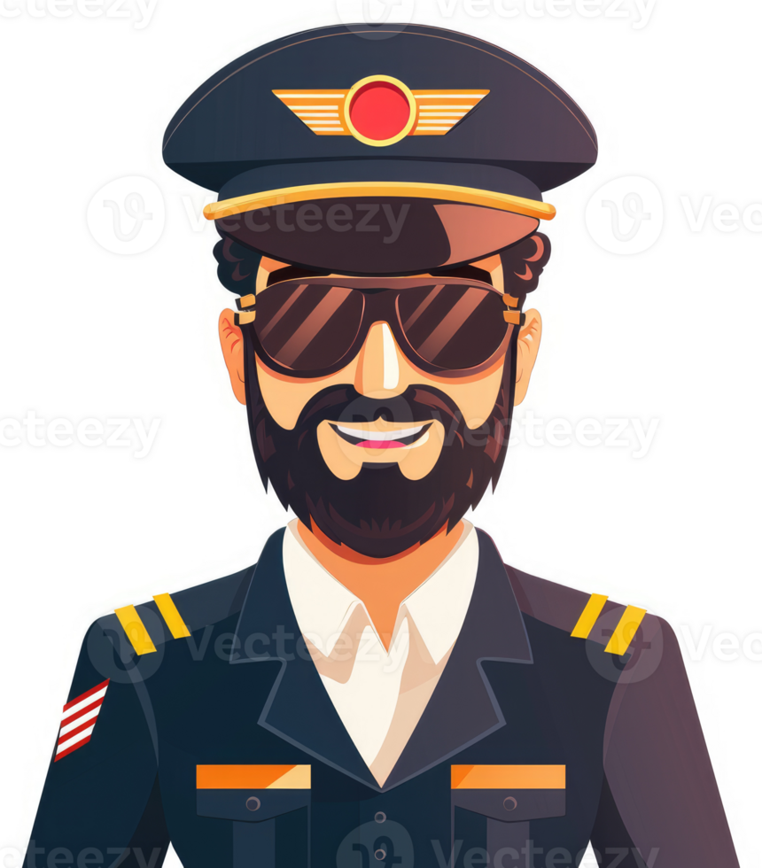 A smiling aviator in a navy uniform with a pilot's hat and sunglasses. png