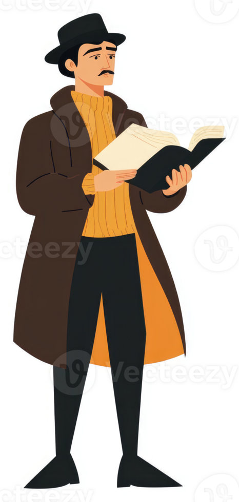A man in a brown coat and hat engrossed in reading a book. png