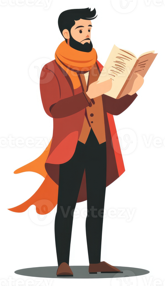 A man in formal attire engrossed in reading a document. png