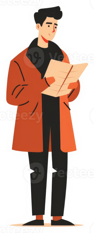 A person in an orange coat reading a document. png