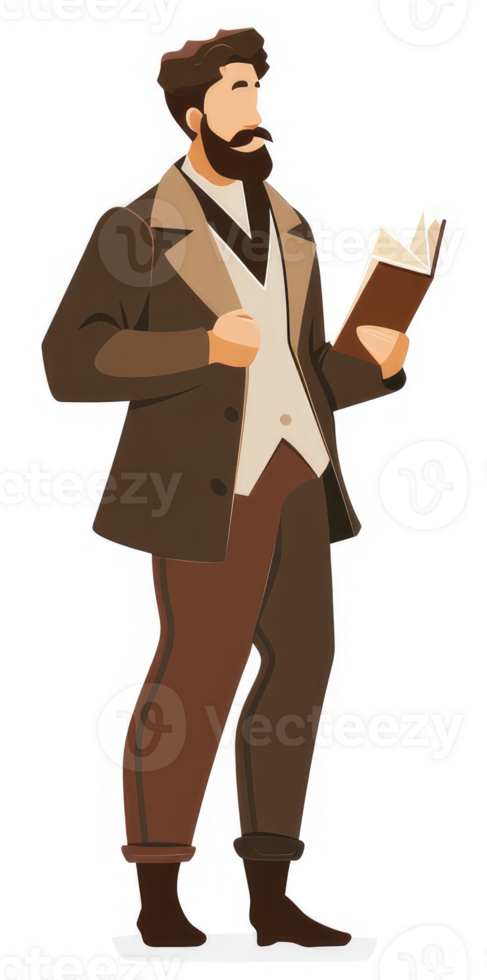 A distinguished gentleman in a brown suit, holding an open book. png