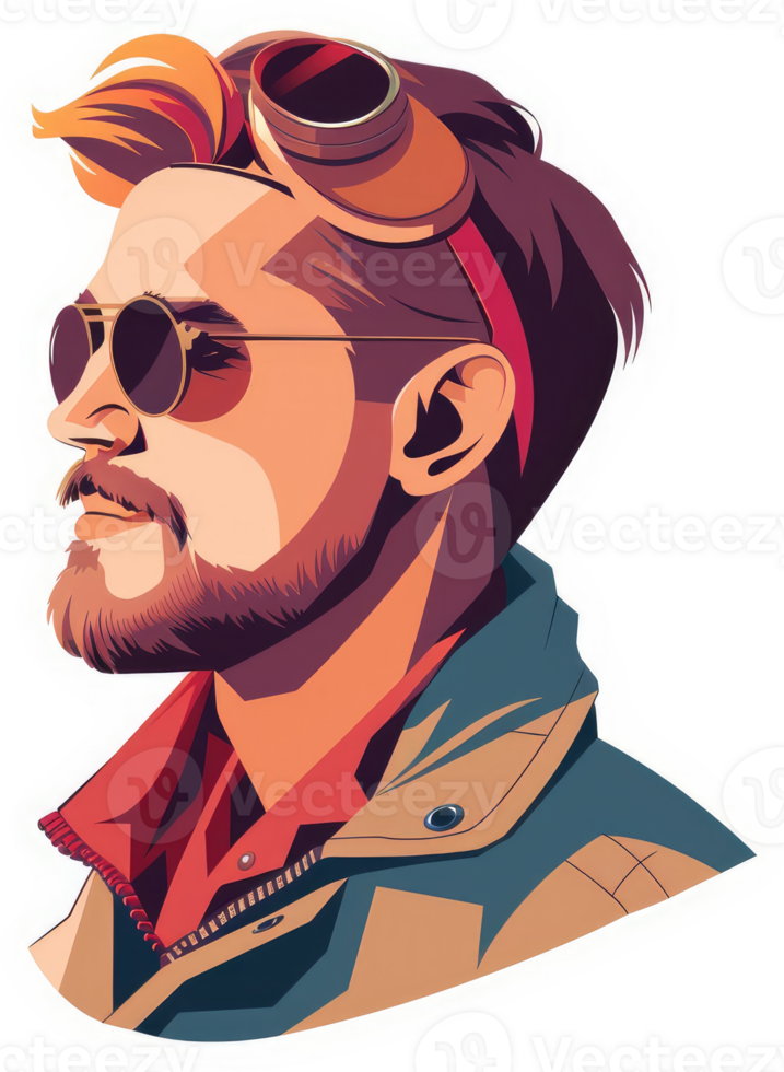 A stylized portrait of a man with aviator goggles and a beard. png