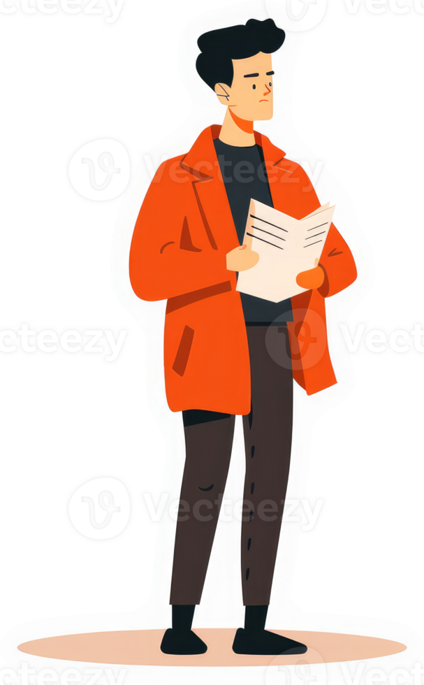 A man in an orange coat holding a document. png