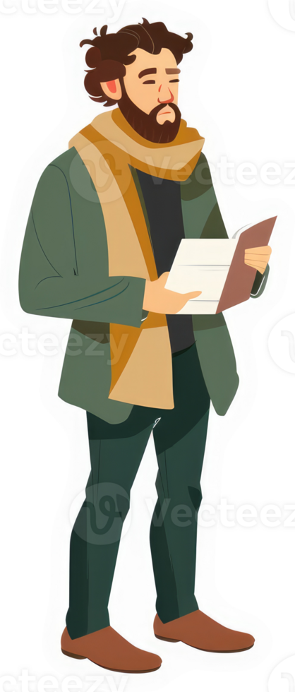 A man in a green coat and mustard scarf reading a book. png