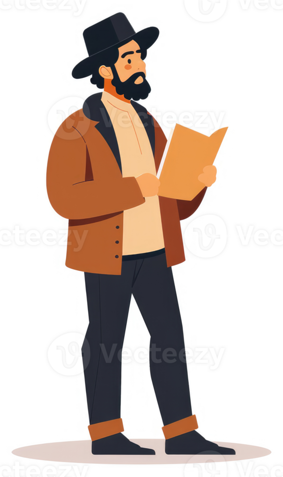 A man in a brown coat and hat, thoughtfully reading a document. png