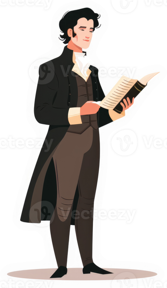 A historical figure engrossed in reading a document. png