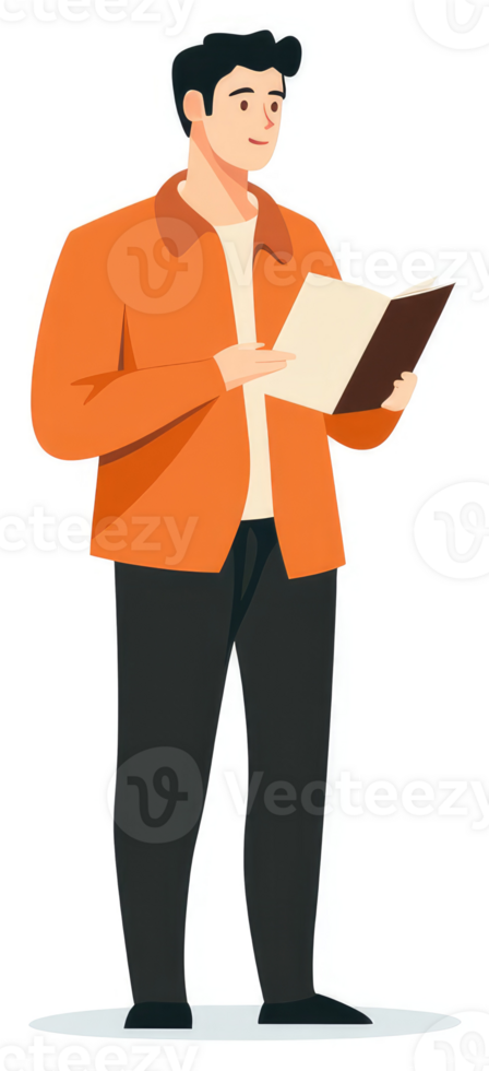 A man in an orange jacket reading a document. png