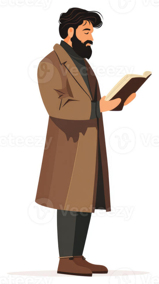 A man in a brown coat engrossed in reading a book. png